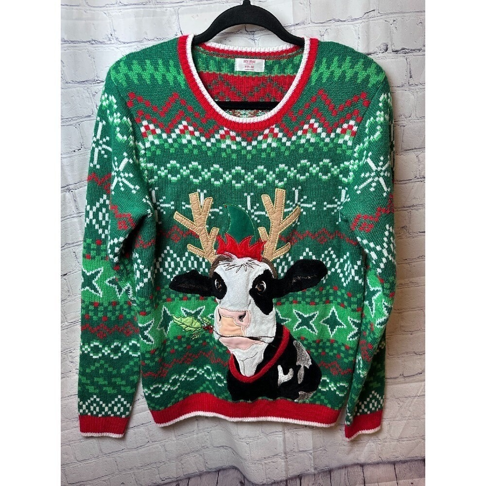 Holiday Time Ugly Christmas Sweater Cow Reindeer Graphic Novelty Small